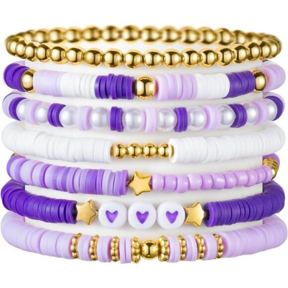Purple heishi bead bracelet set for women boho stackable summer beach jewelry - Picture 1 of 7